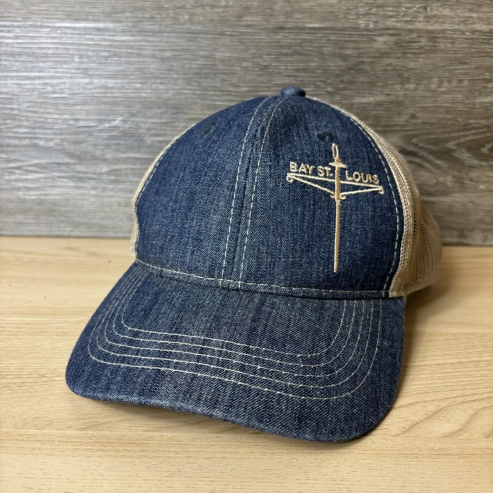 Bay St Louis Hat Cap Snap Back Blue Denim Tan Mesh Trucker Embroidered Mens